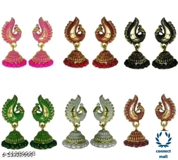 peacock Design Multicolor Adjustable Jhumka Combo of 6 - Alloy, Combo Set